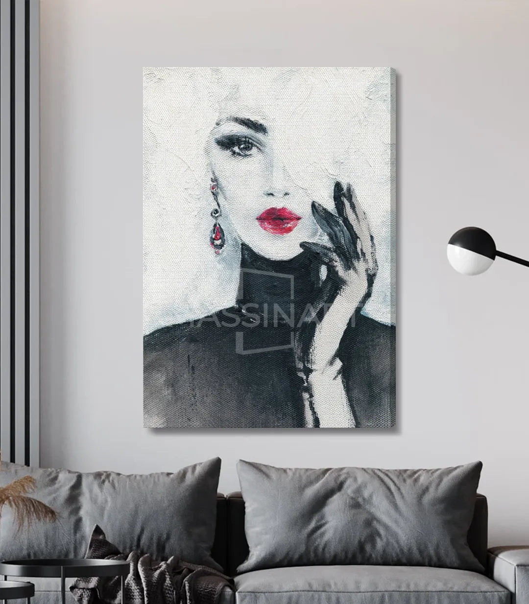 Cuadro Scarlet Seduction retrato pop-art enmarcado negro Massinart ambiente