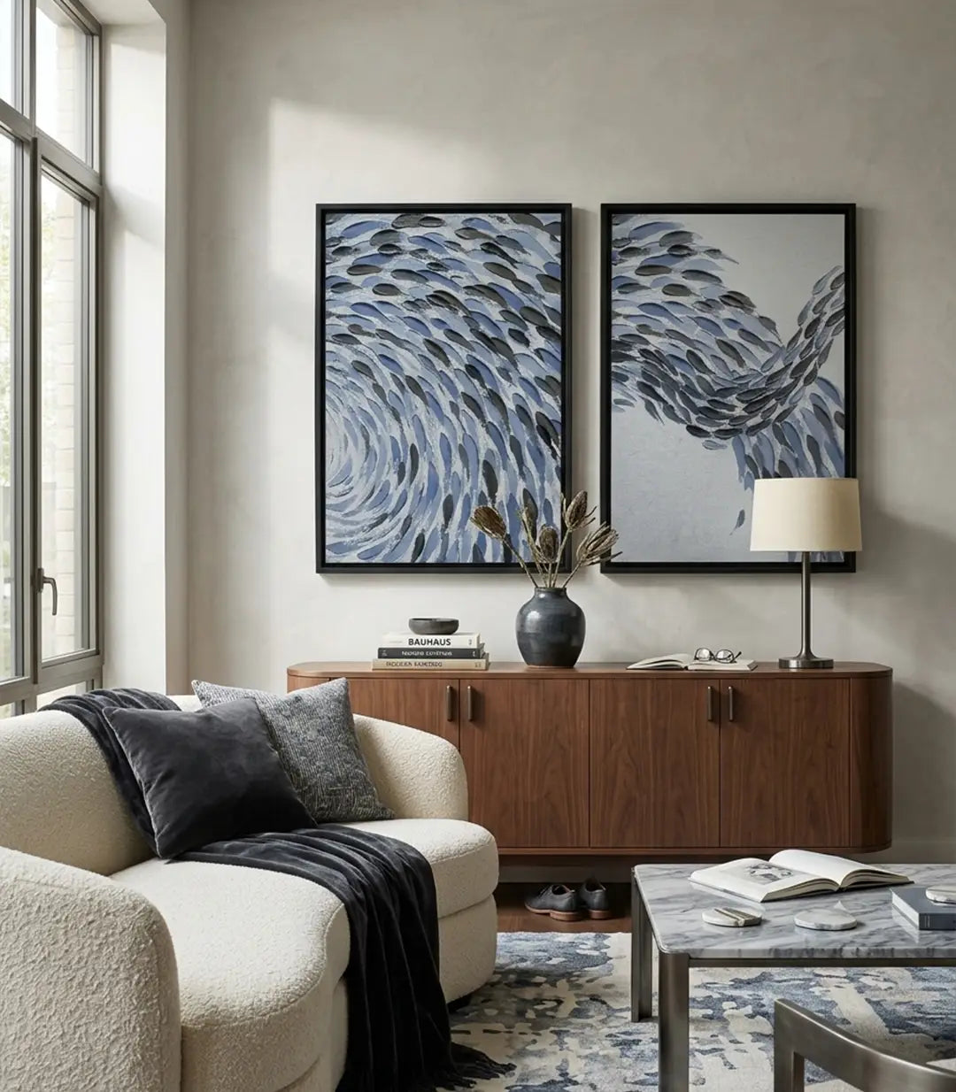 Cuadro Fish Wave díptico — peces abstractos en azul gris con movimiento fluido ondulante, Massinart