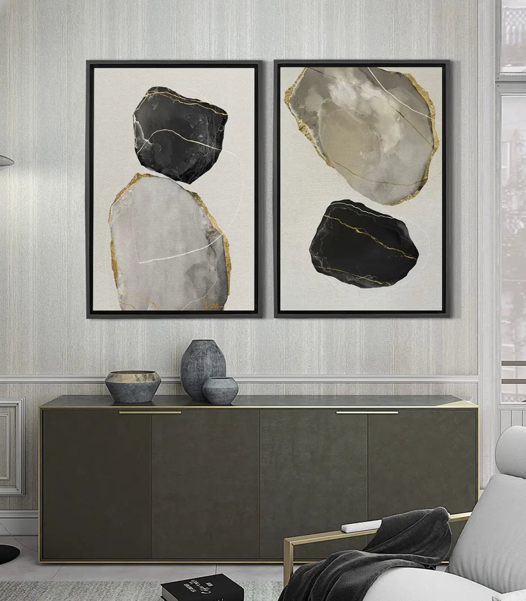 Cuadro abstracto formas minerales gris negro y dorado Massinart