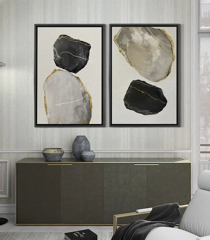 Cuadro abstracto formas minerales gris negro y dorado Massinart