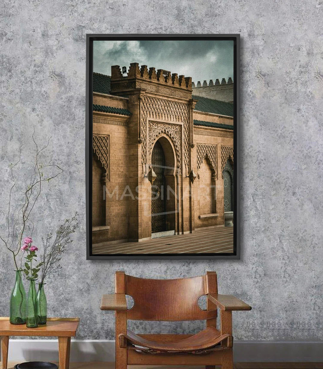 Cuadro fotográfico de puerta palaciega marroquí con zellige y arcos islámicos, tonos beige y marrón — Massinart