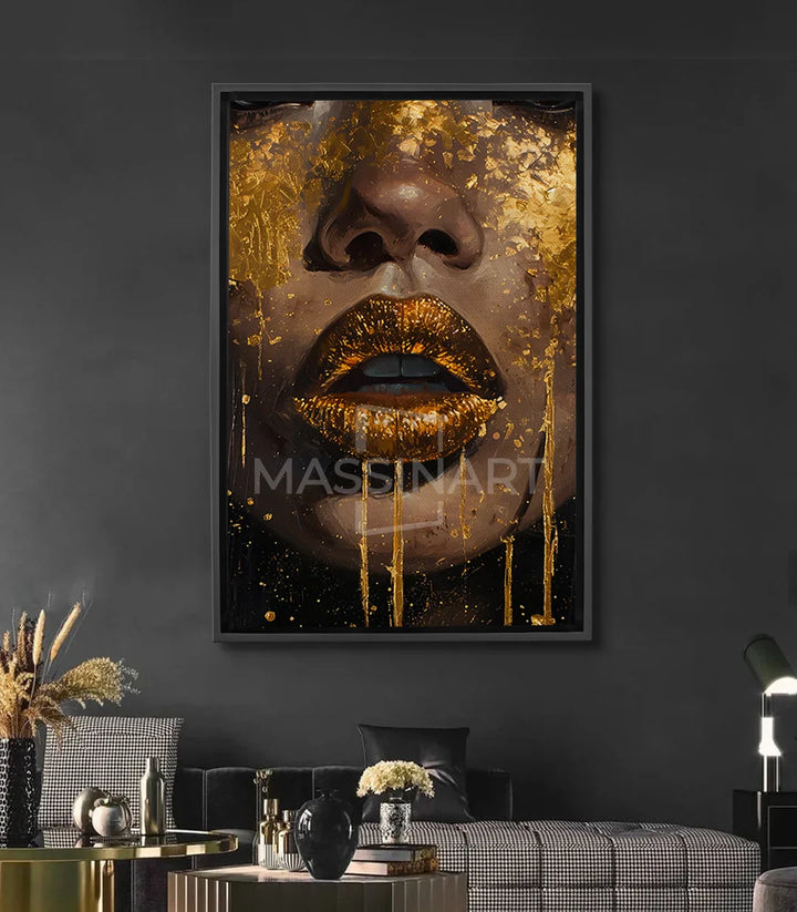 Cuadro retrato mujer labios dorados sobre fondo negro — estilo contemporáneo Massinart