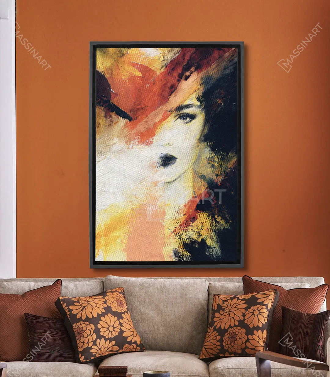 Cuadro retrato mujer expresionista en tonos terracota y amarillo, arte mural decorativo, Massinart
