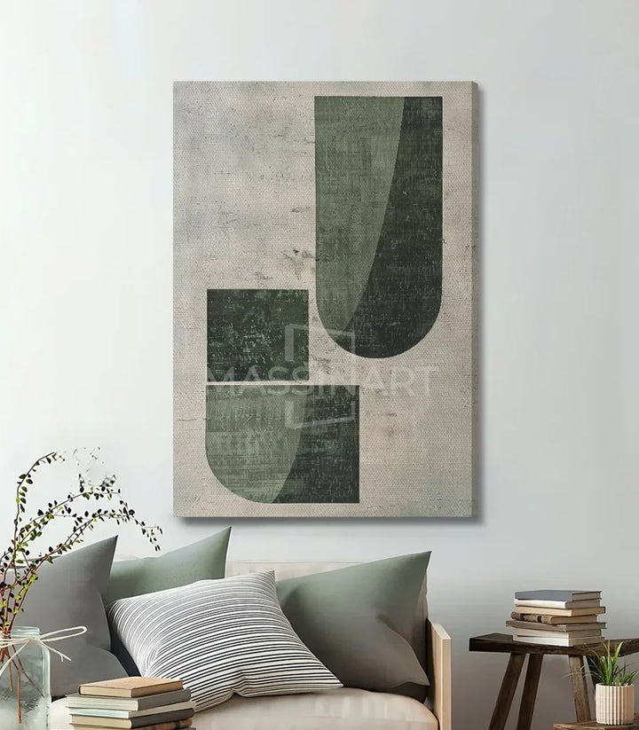 Cuadro Green Forms en dormitorio de estilo minimalista — decoración serena