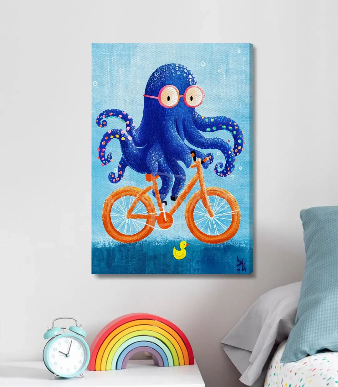 Cuadro Octo Ride colgado sobre la cama — ilustración de fantasía infantil Massinart