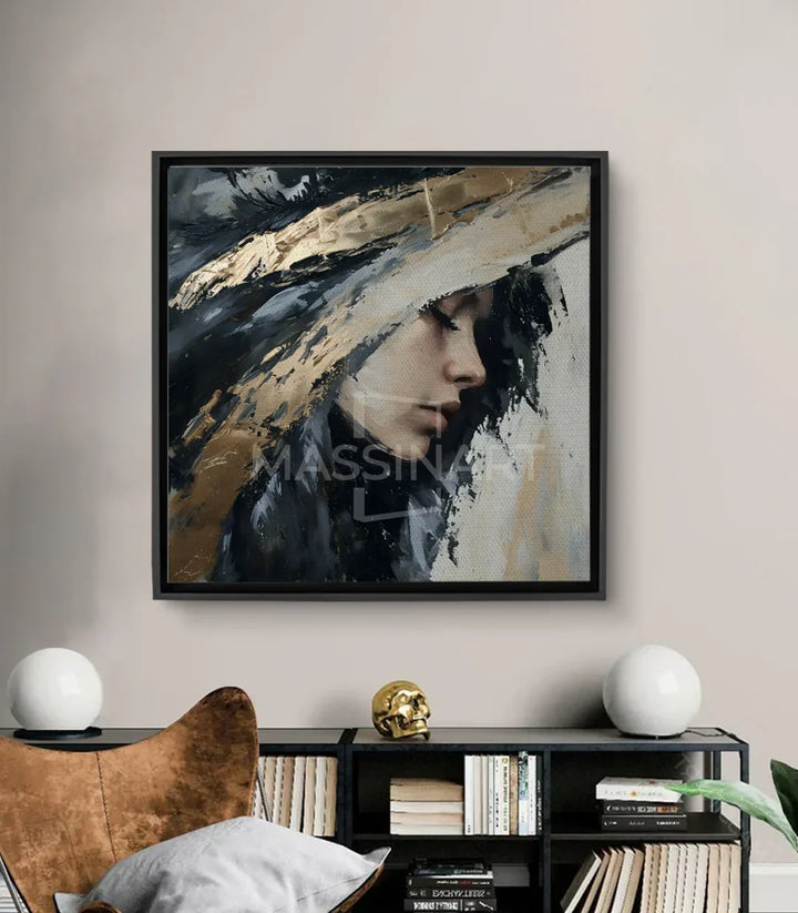 Cuadro Insight — retrato de mujer abstracto con texturas doradas, negro y blanco, técnica mixta, Massinart