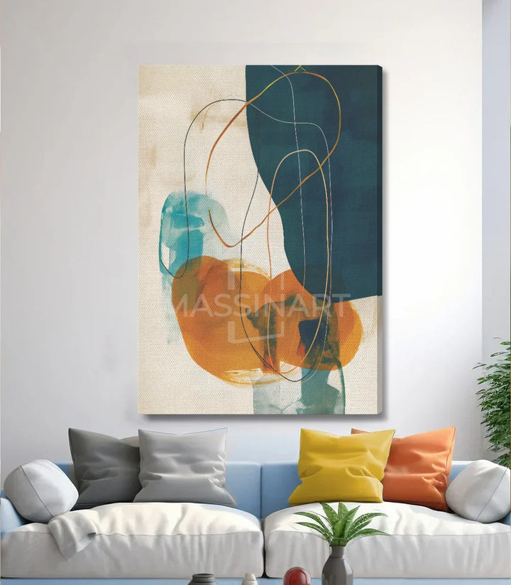Detalle de composición abstracta Massinart — formas orgánicas en azul petróleo y naranja ocre