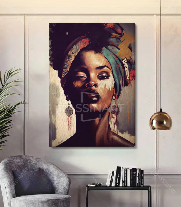 Centro de belleza decorado con cuadro retrato mujer africana sobre pared clara — Massinart
