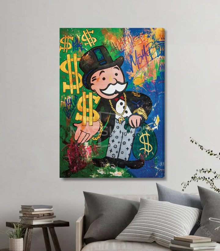 Ambiente salón moderno con cuadro Hustler Massinart — decoración interior pop-art urbano