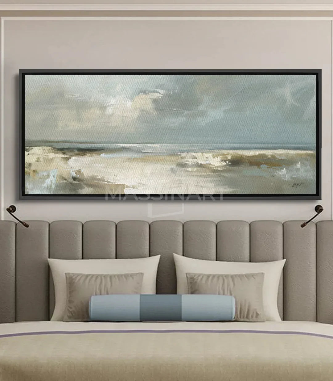 Cuadro paisaje costero minimalista — playa en tonos beige y cielo gris, Massinart