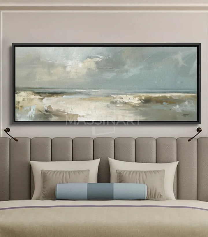 Cuadro paisaje costero minimalista — playa en tonos beige y cielo gris, Massinart