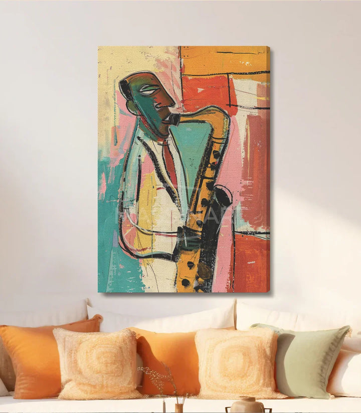 Cuadro Jazz Vibes en dormitorio Massinart — cuadro de música expresionista en decoración moderna