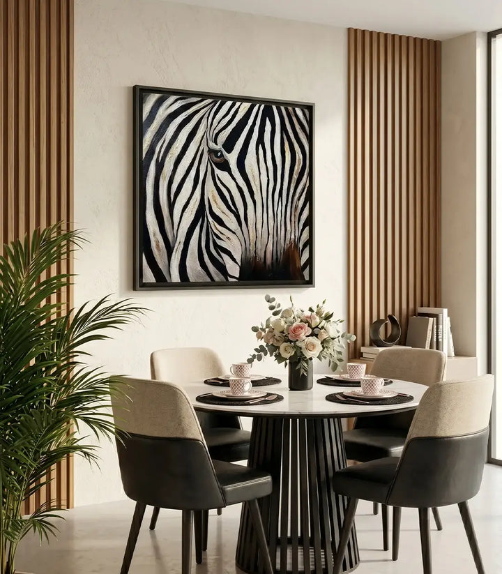Cuadro decorativo de cebra con textura en relieve, rayas en blanco y negro y toques dorados, estilo moderno y elegante