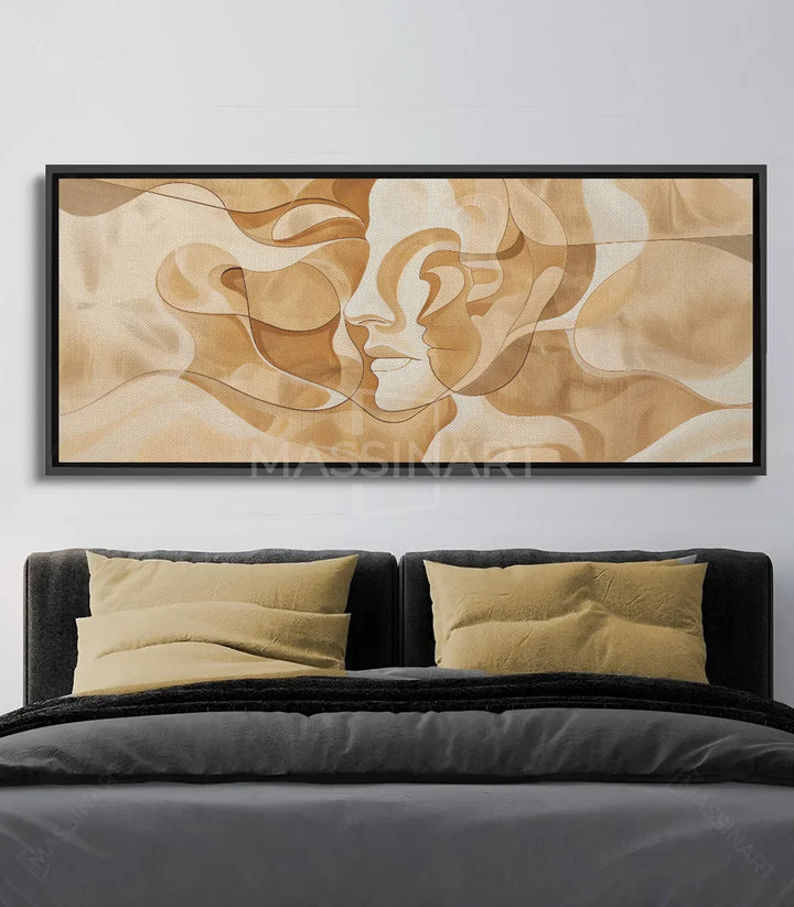 Cuadro Wisdom abstracto en beige y dorado, dos rostros en trazo continuo minimalista Massinart