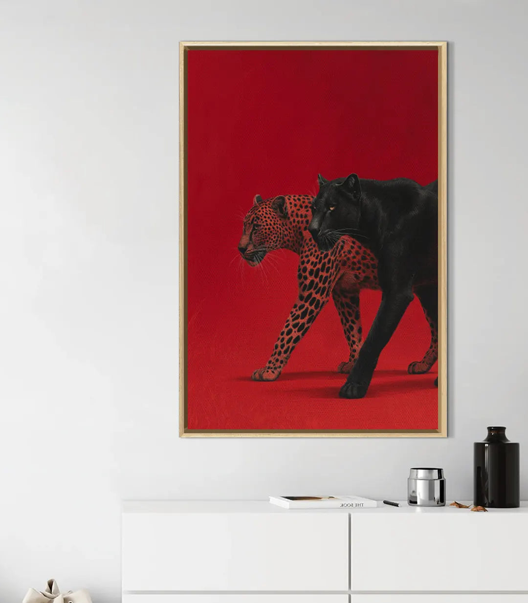 Blood and Shadow – retrato animal de leopardo negro, arte mural de gran presencia para interiores modernos