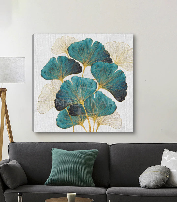 Ginkgo Lutos Leaves – composición vegetal en tonos verde salvia y oro pálido, Massinart