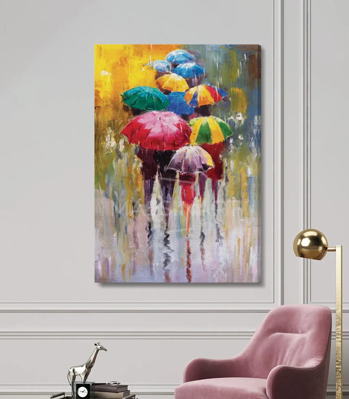 Cuadro paraguas coloridos vertical — ambiente urbano lluvia con paleta viva | Massinart