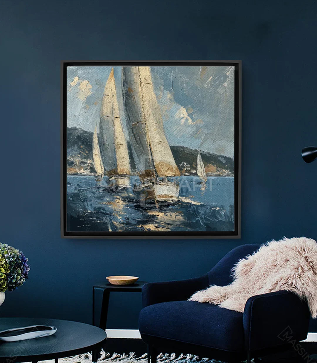 Cuadro veleros impresionista, tonos azul turquesa y velas en crema, Massinart
