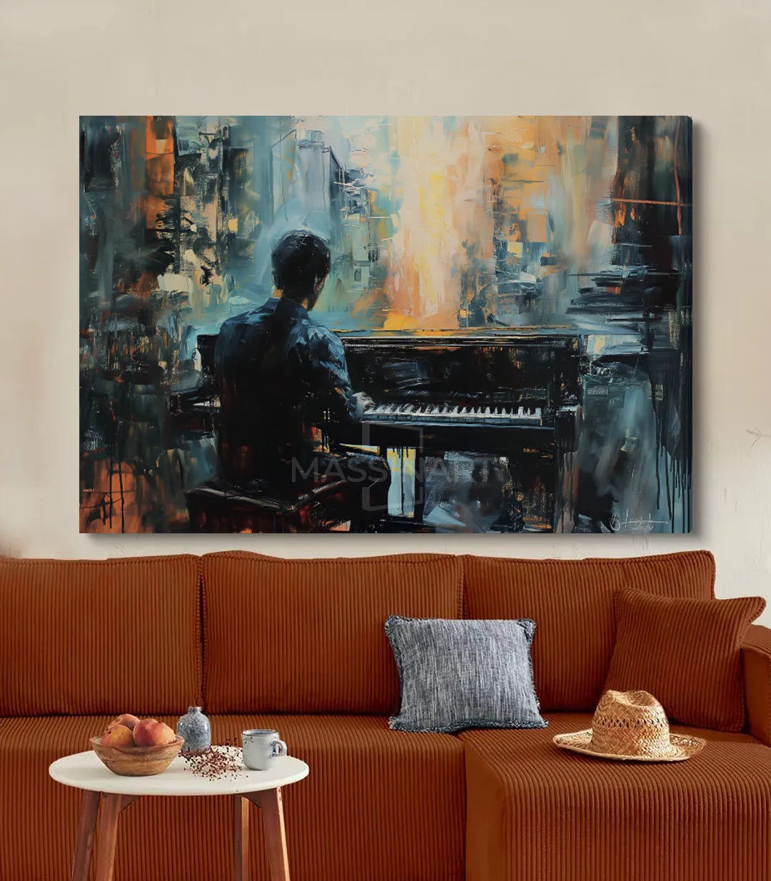 Cuadro The Pianist en ambiente de salón contemporáneo, lienzo abstracto de música