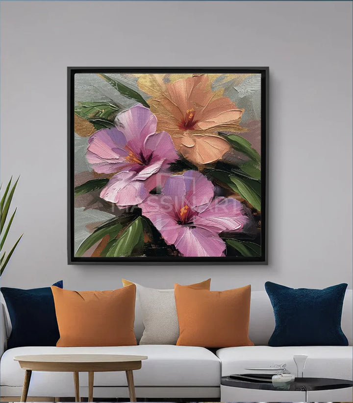 Cuadro Blushing Petals Massinart — flores rosas y melocotón con follaje verde tierno