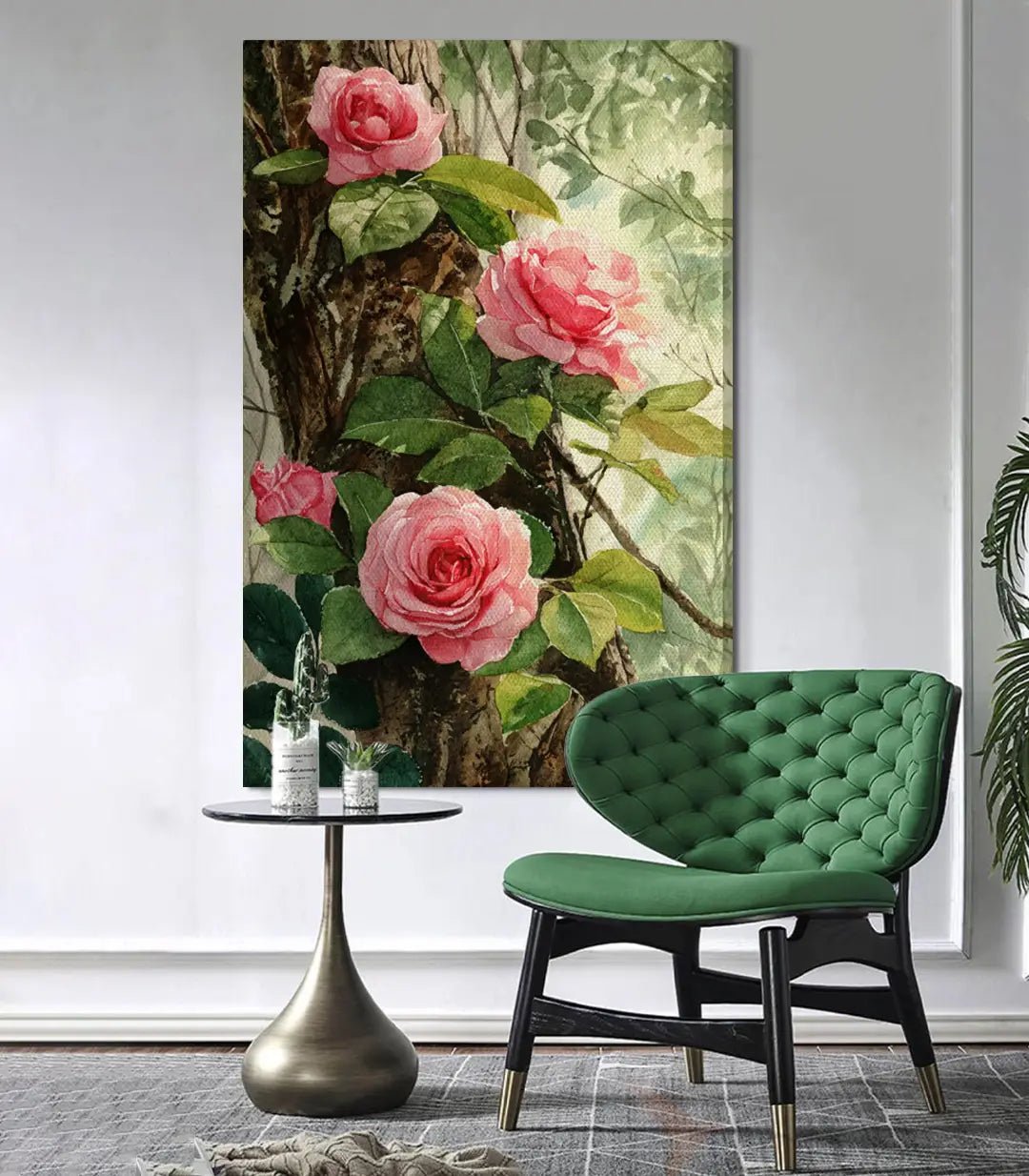 Decoración interior con cuadro Rosy Branch Massinart — lienzo floral vertical junto a sillón verde