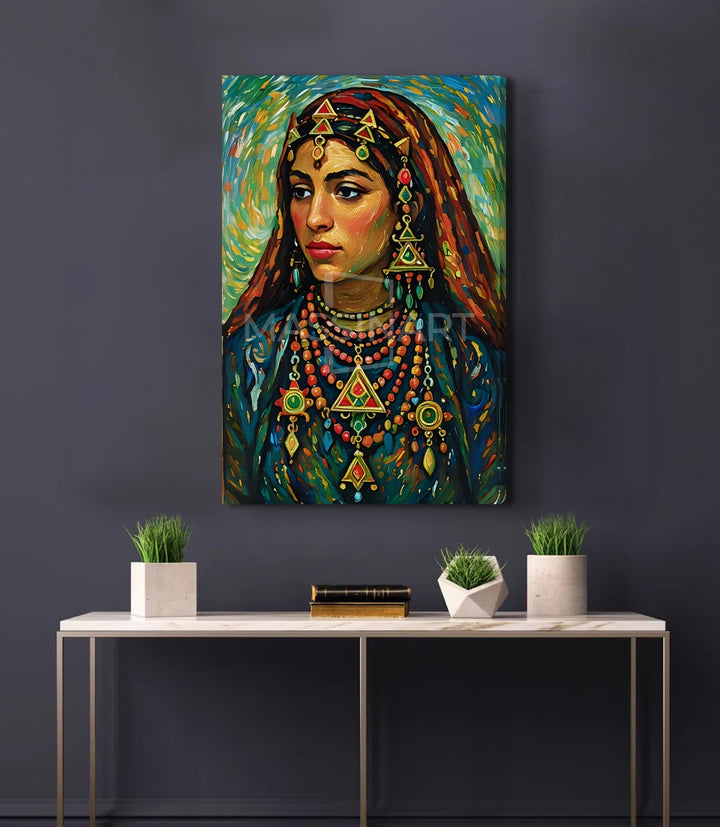 Detalle cuadro Sousia rostro mujer bereber con adornos tradicionales dorados Massinart
