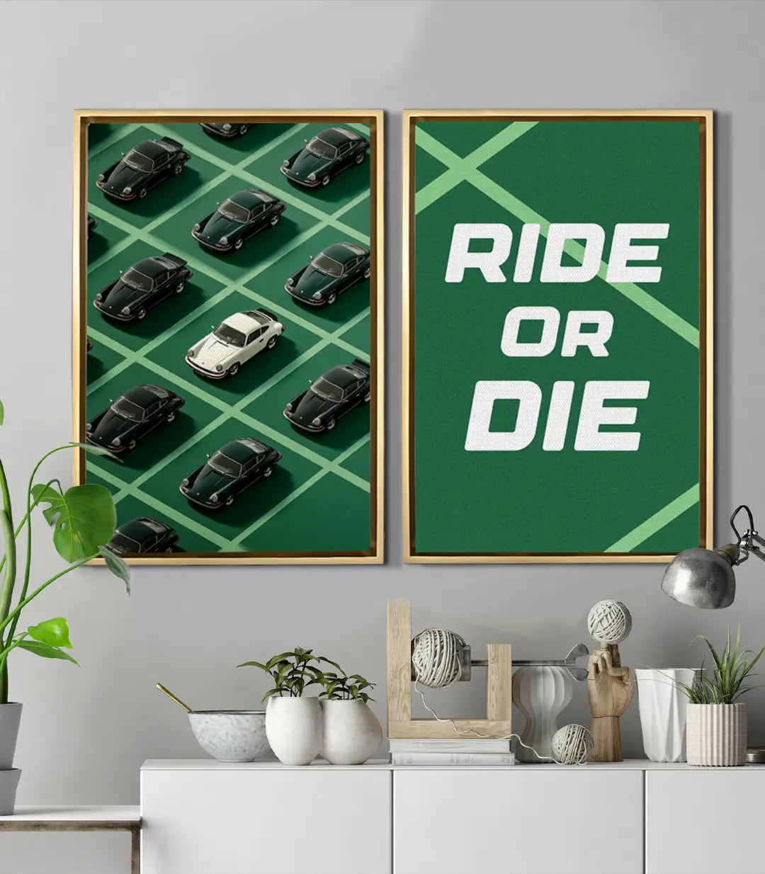 Díptico Ride or Die panel derecho — tipografía RIDE OR DIE sobre fondo verde menta, cuadro pop-art urbano