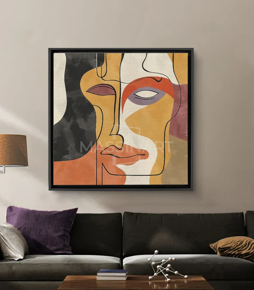 Cuadro Merged abstracto — dos rostros fusionados con líneas continuas en tonos amarillo, naranja y negro | Massinart