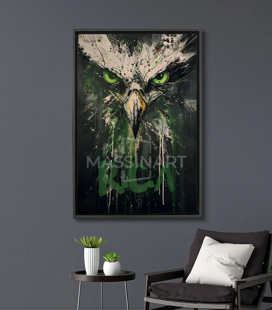 Cuadro águila real expresionista, ojos verdes, fondo negro y verde — Massinart