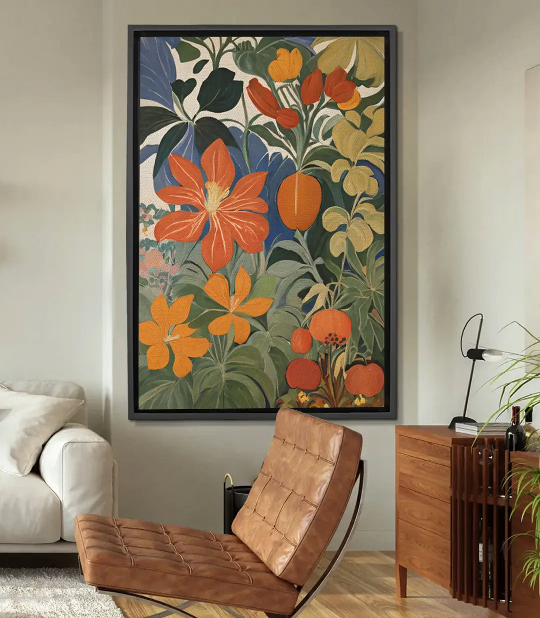 Cuadro Bloomtide flores botánicas Art Déco en naranja, azul dorado y hojas verdes — Massinart