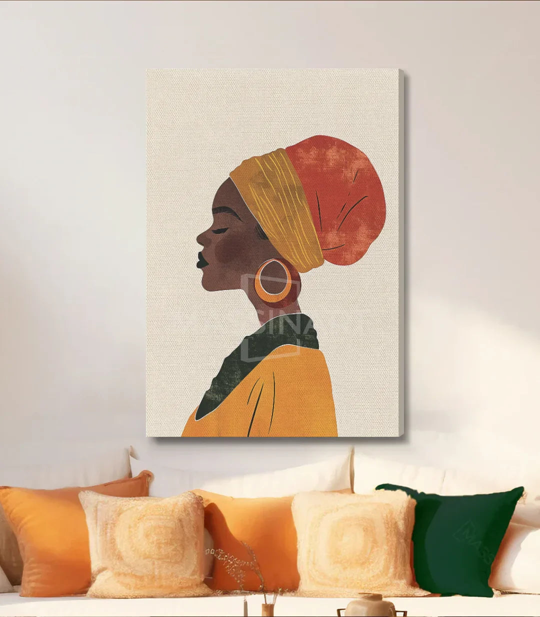 Cuadro retrato mujer serena en paleta cálida, decoración salón moderno — Massinart