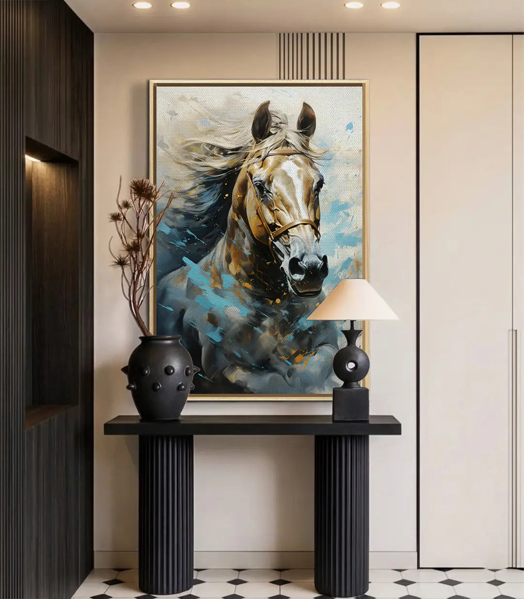 Decoración interior contemporánea - cuadro Sovereign sobre consola negra - Massinart