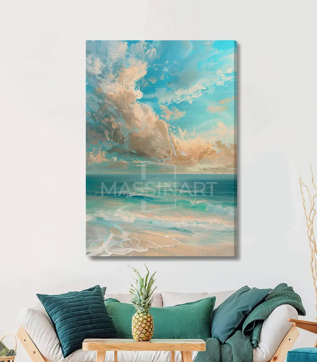 Detalle cuadro Serene Beach colores turquesa y beige Massinart