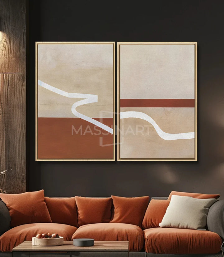 Díptico Flux sobre sofá naranja salón moderno arte mural Massinart