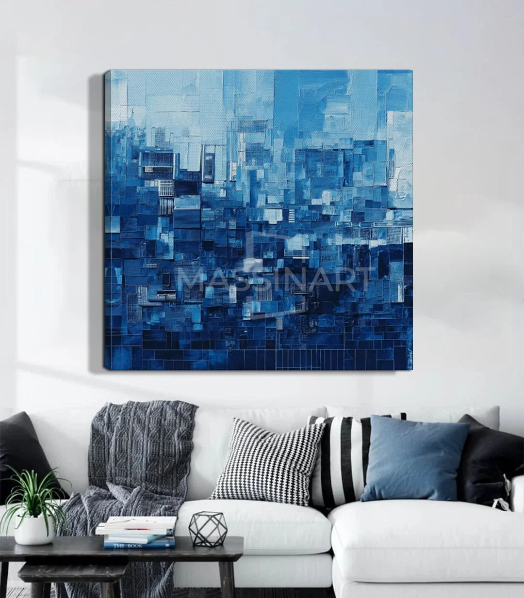 Detalle de pintura abstracta Blue Skyline, arquitectura geométrica en tonos azules — Massinart