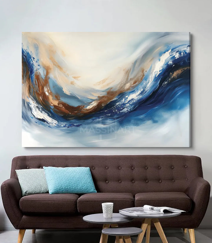 Cuadro Wave en salón luminoso — armonía azul blanco y gris