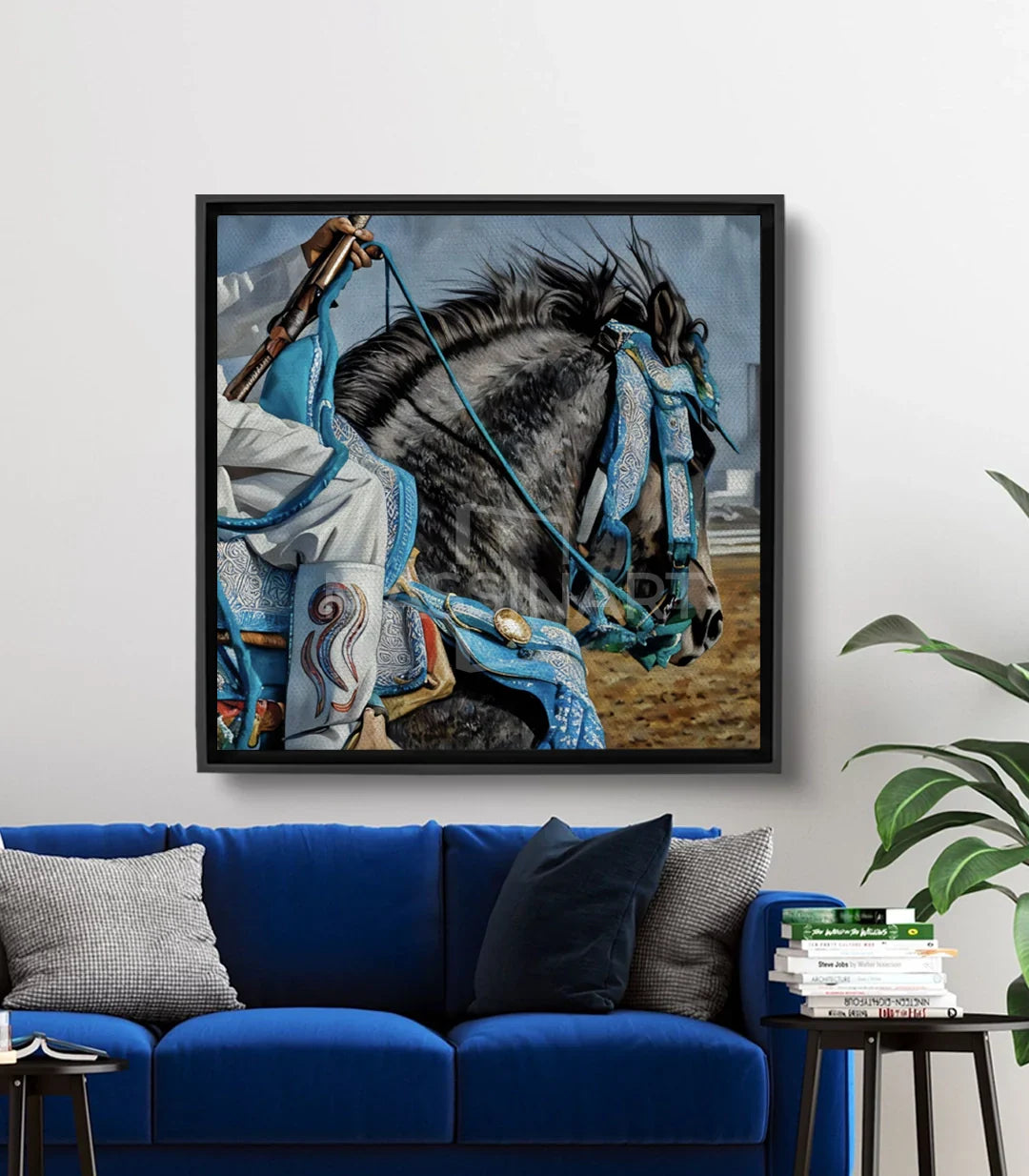 Cuadro Heritage Ride — jinete marroquí en traje tradicional azul y blanco sobre caballo oriental