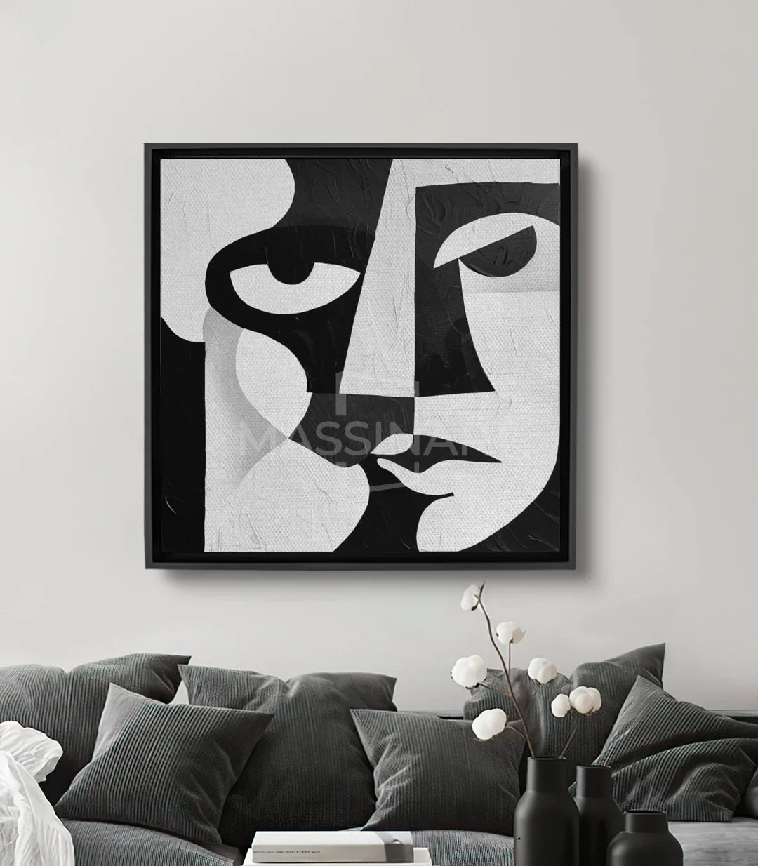 Cuadro Visora minimalista — dos rostros abstractos geométricos en blanco y negro, Massinart
