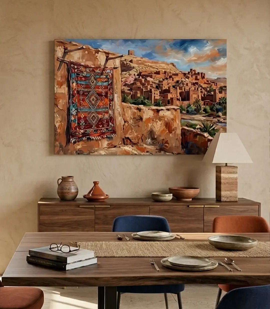 Cuadro horizontal Red Kasbah — arquitectura bereber de Aït Benhaddou en tonos terracota, rojo y azul, estilo figurativo, Massinart