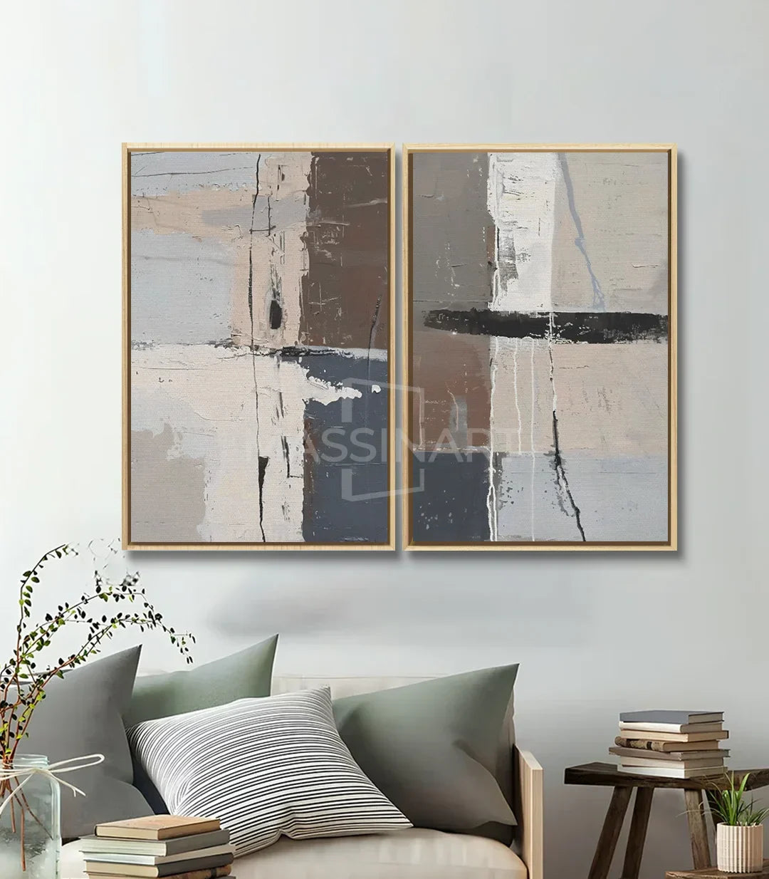 Decoración interior con díptico contemporáneo minimalista en beige y negro, Massinart