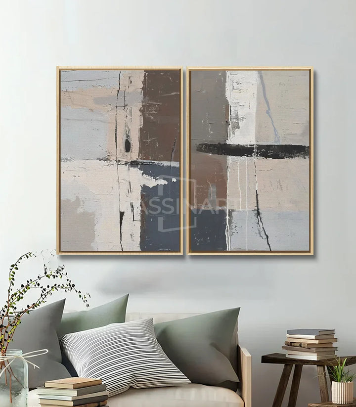 Decoración interior con díptico contemporáneo minimalista en beige y negro, Massinart