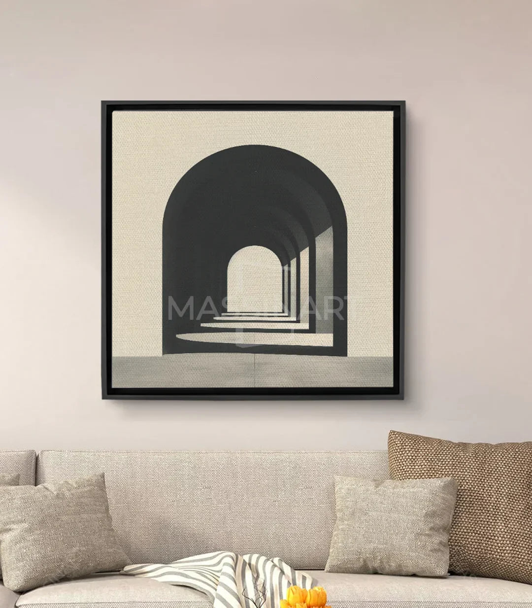Cuadro Portal Massinart — arquitectura minimalista, perspectiva de puertas abovedadas en negro y blanco