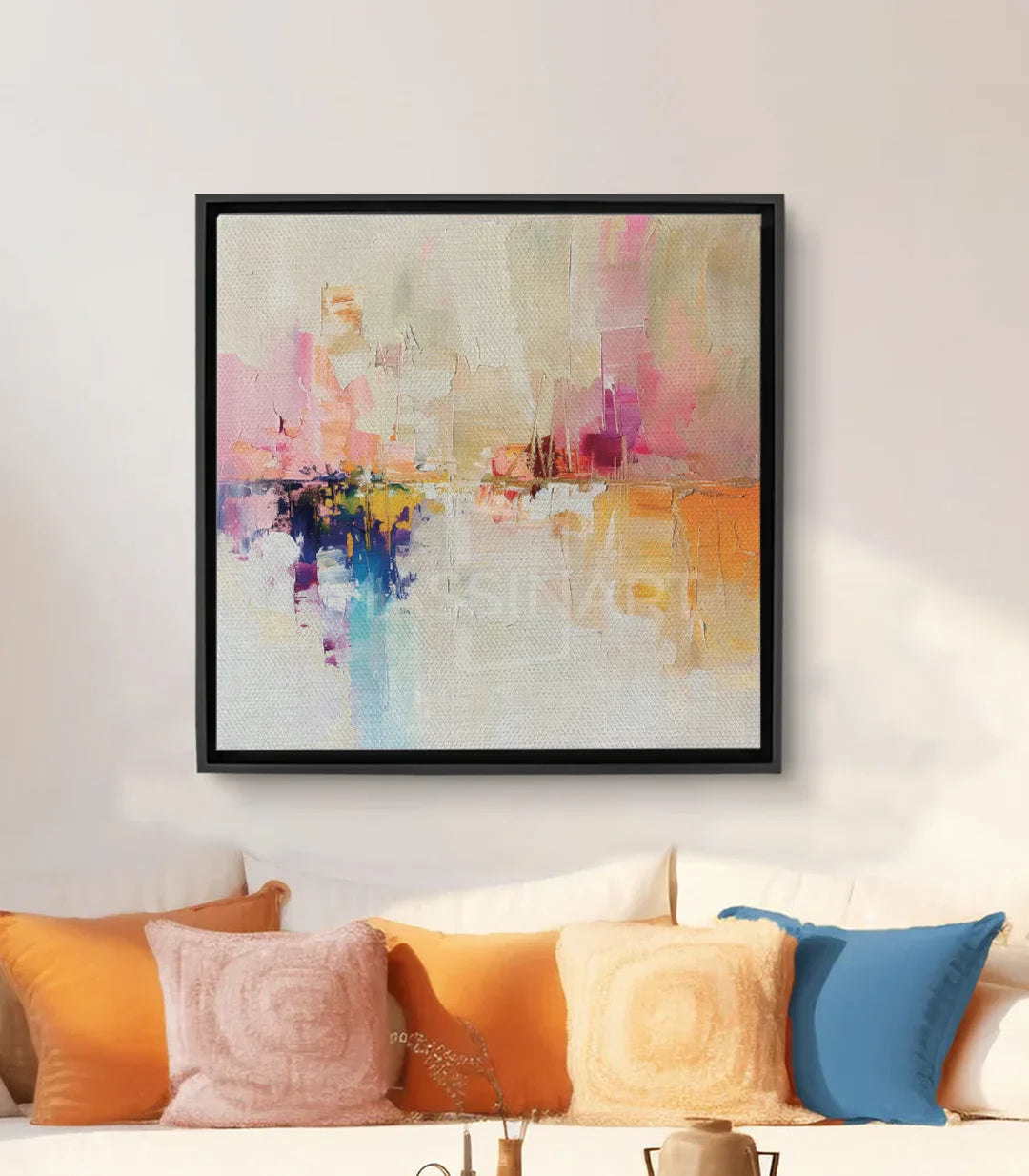 Cuadro Burst of Color abstracto cuadrado con colores rosa, naranja, azul y amarillo — Massinart