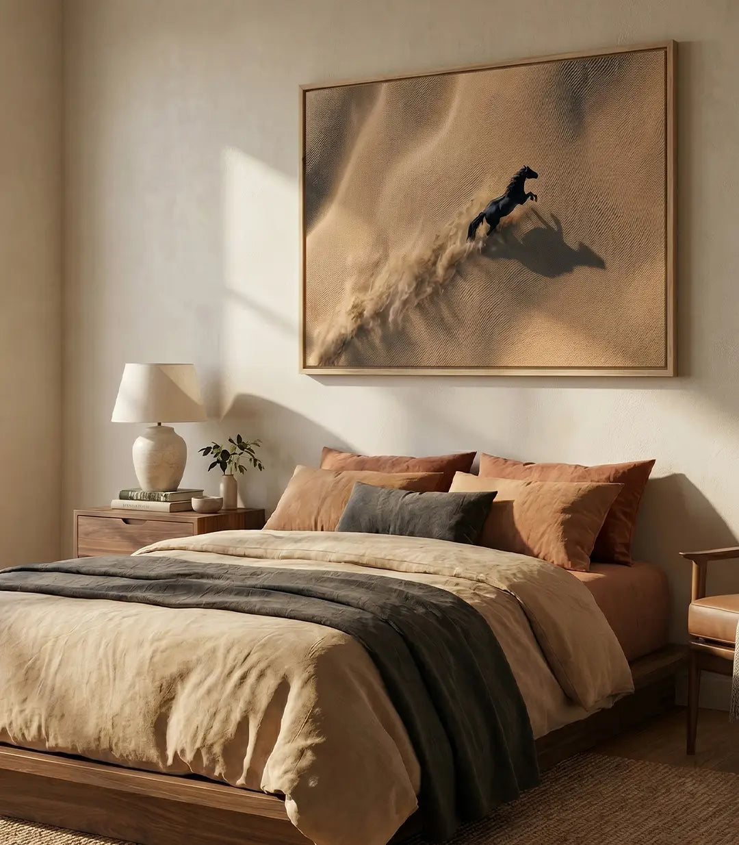 Cuadro Running Free en salón moderno: decoración mural con caballo en tonos beige y gris, Massinart
