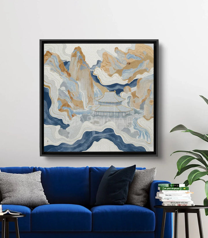 Cuadro paisaje montañoso abstracto en azul y negro con pagoda, estilo topográfico, Massinart