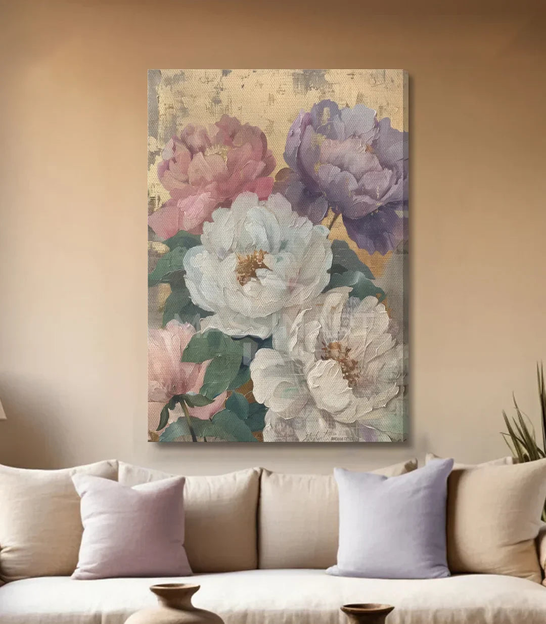 Cuadro Prosperity Massinart — dormitorio decorado con cuadro floral vintage