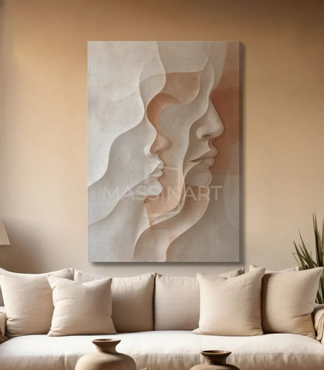 Cuadro Duo perfiles abstractos — ambientación en dormitorio moderno Massinart