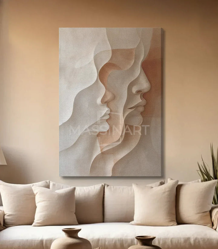 Cuadro Duo perfiles abstractos — ambientación en dormitorio moderno Massinart