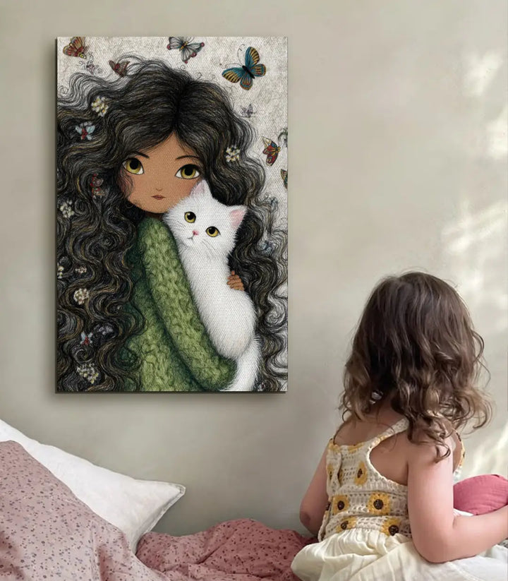 Detalle ilustración Soft Cuddle — niña abrazando gato, estilo gráfico delicado