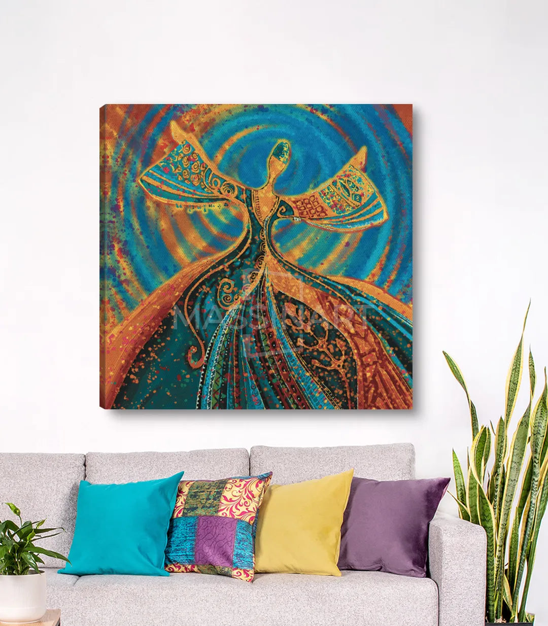 Detalle del cuadro Dervicha Giratoria con caligrafía dorada y motivos islámicos, Massinart